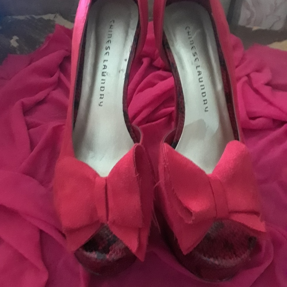 Red Snakeskin Suede Pumps